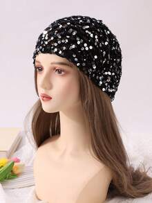 1pc Women's Fashion Hollow Crochet Sequin Beanie, Suitable For Everyday Wear