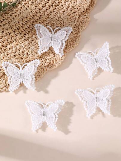 5件套女孩白色水晶双层蝴蝶发夹，适合日常装饰和婚礼季