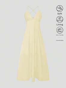 Women's Satin V-Neck Elegant Summer Maxi Dress, Silky Nightdress, Holiday Party Birthday Formal Occasion Dress - Light Yellow - View 2