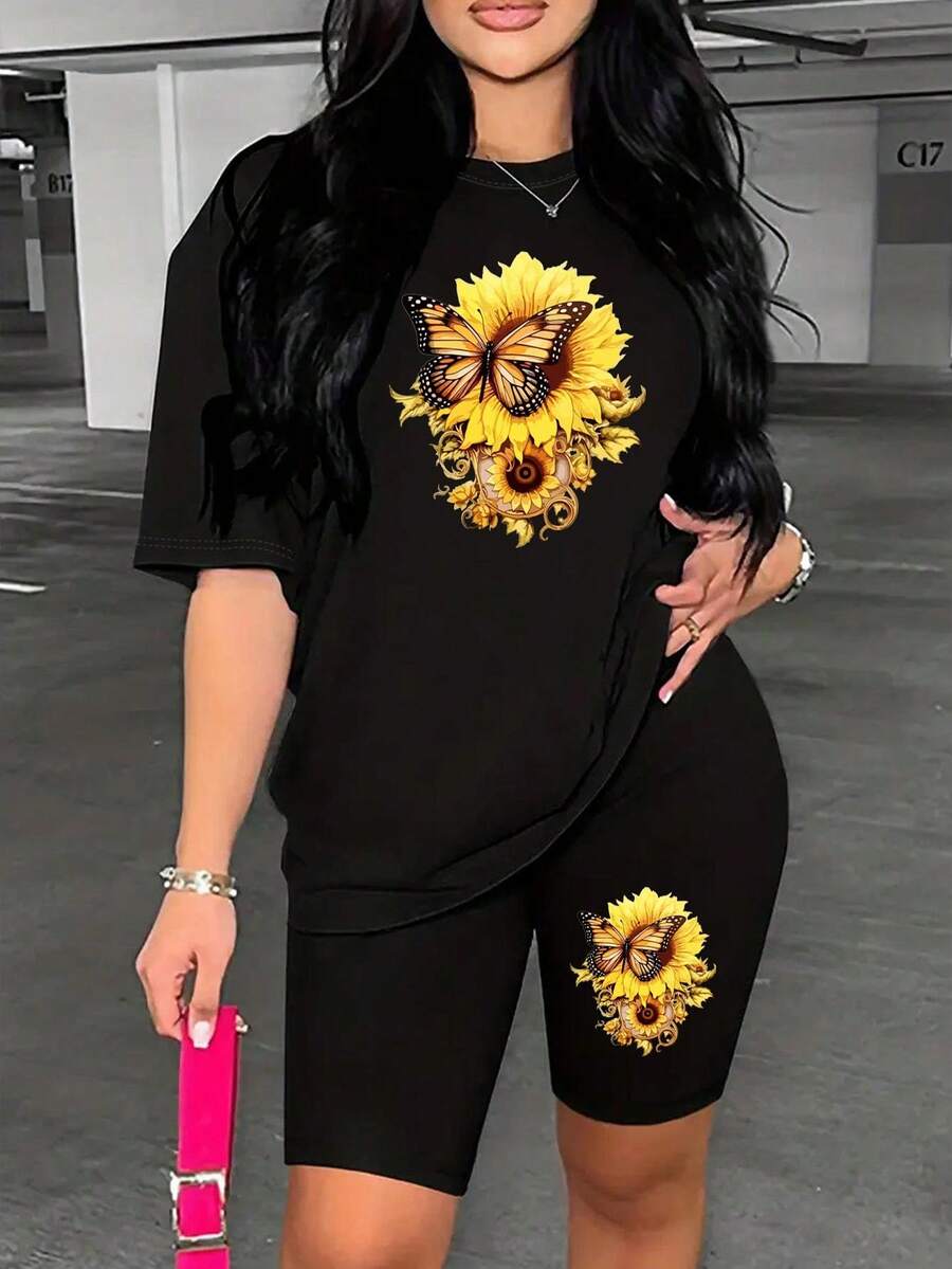 2pcs/Set Sunflower Butterfly Print Plus Size Round Neck Short Sleeve Top And Shorts, Casual Outfit - màu đen - Xem 1