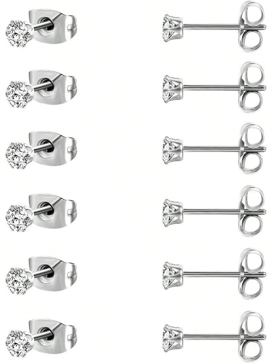 MDFUN 6 Pairs Stud Earrings Sets 3-8MM 18K Gold Plated Round 5A+ Cubic Zirconia Earrings CZ 6 Prong Ears Jewelry Women - 3MM-白金 - 查看 1