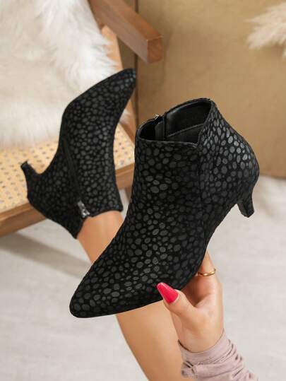 Fall/Winter Sexy Pointed Toe Stiletto Heel Ankle Boots For Women, New Autumn Elegant Random Pattern Side Zipper Cone Heel High Heel Booties, Comfortable Versatile Boots,Kitten Heels