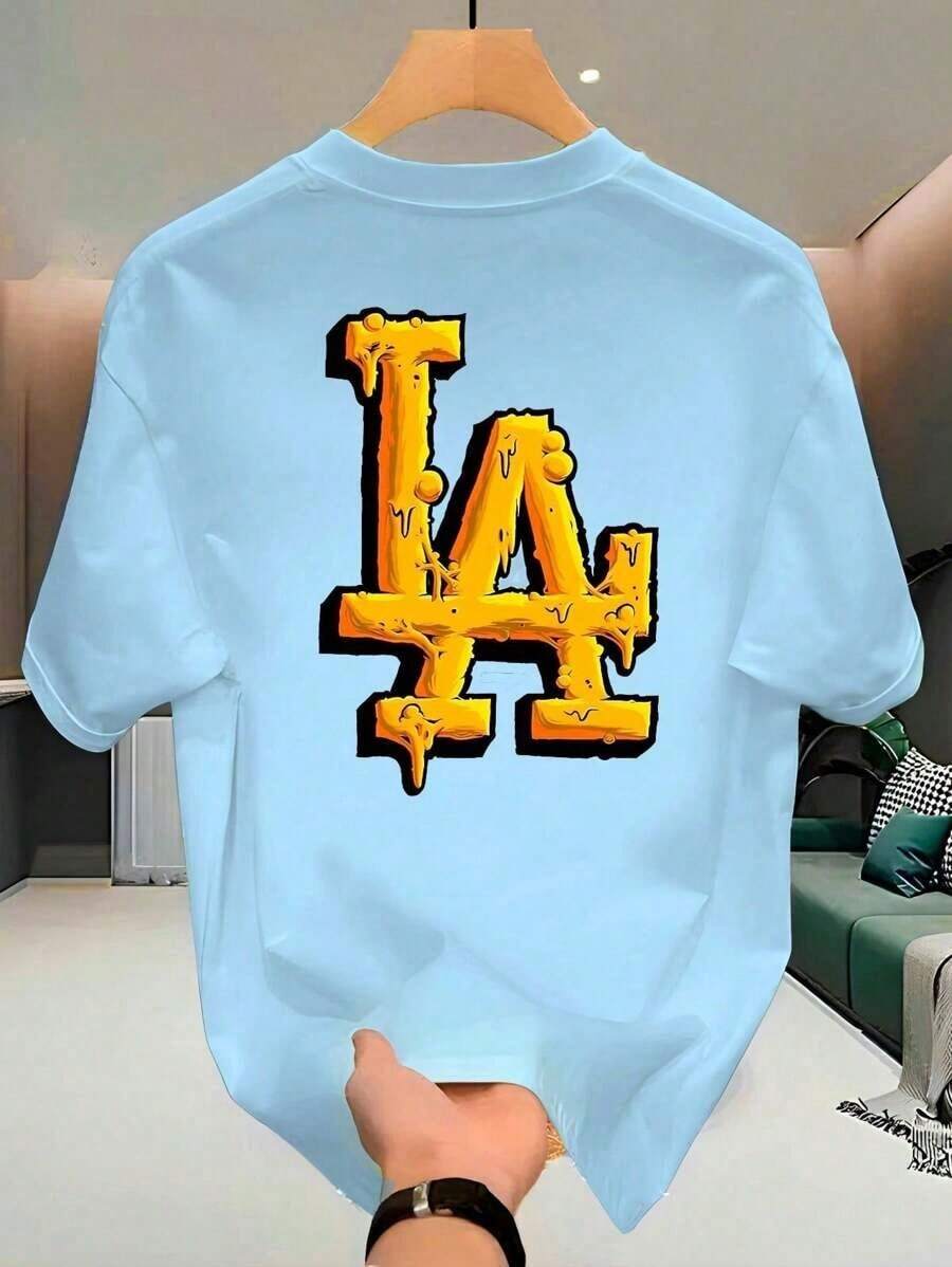 Men's Unisex T-Shirt 100% Cotton LA Yellow Graffiti Style Front And Back Premium Shirt - 淺藍色 - 查看 1