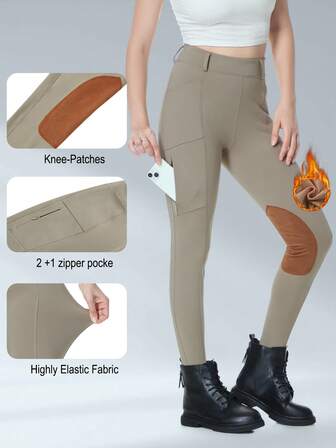 BEROY (秋冬) 女士冬季马术裤 马术马裤 膝盖贴片羊毛 马术紧身裤 打底裤 带口袋马术训练裤
