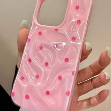 Funda para teléfono rosa con lunares, acabado brillante con patrón de meteorito arrugado, resistente a caídas, compatible con phone 16 Pro, 15, 14 Plus, 13, 12 y 11. Ideal para Año Nuevo, Pascua, Halloween, amigos y familia. - Rosa - Ver 1