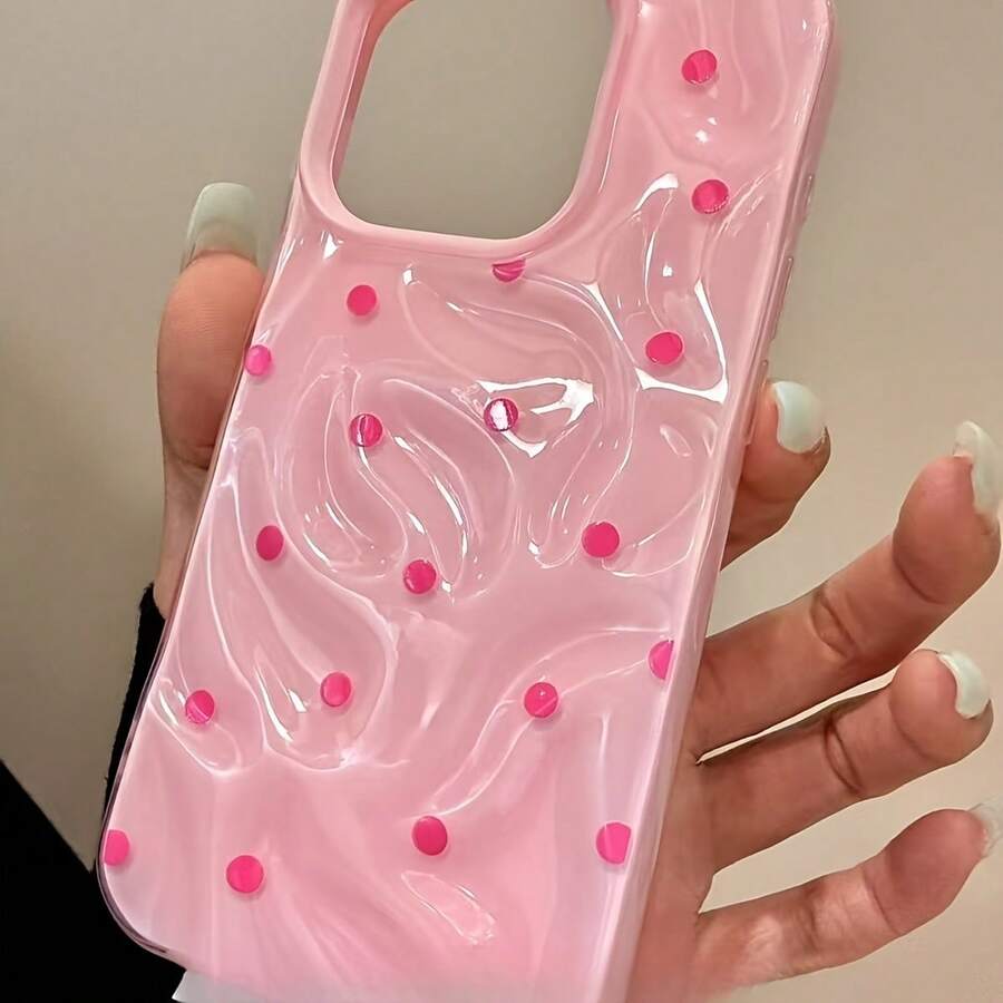 Funda para teléfono rosa con lunares, acabado brillante con patrón de meteorito arrugado, resistente a caídas, compatible con phone 16 Pro, 15, 14 Plus, 13, 12 y 11. Ideal para Año Nuevo, Pascua, Halloween, amigos y familia. - Rosa - Ver 1