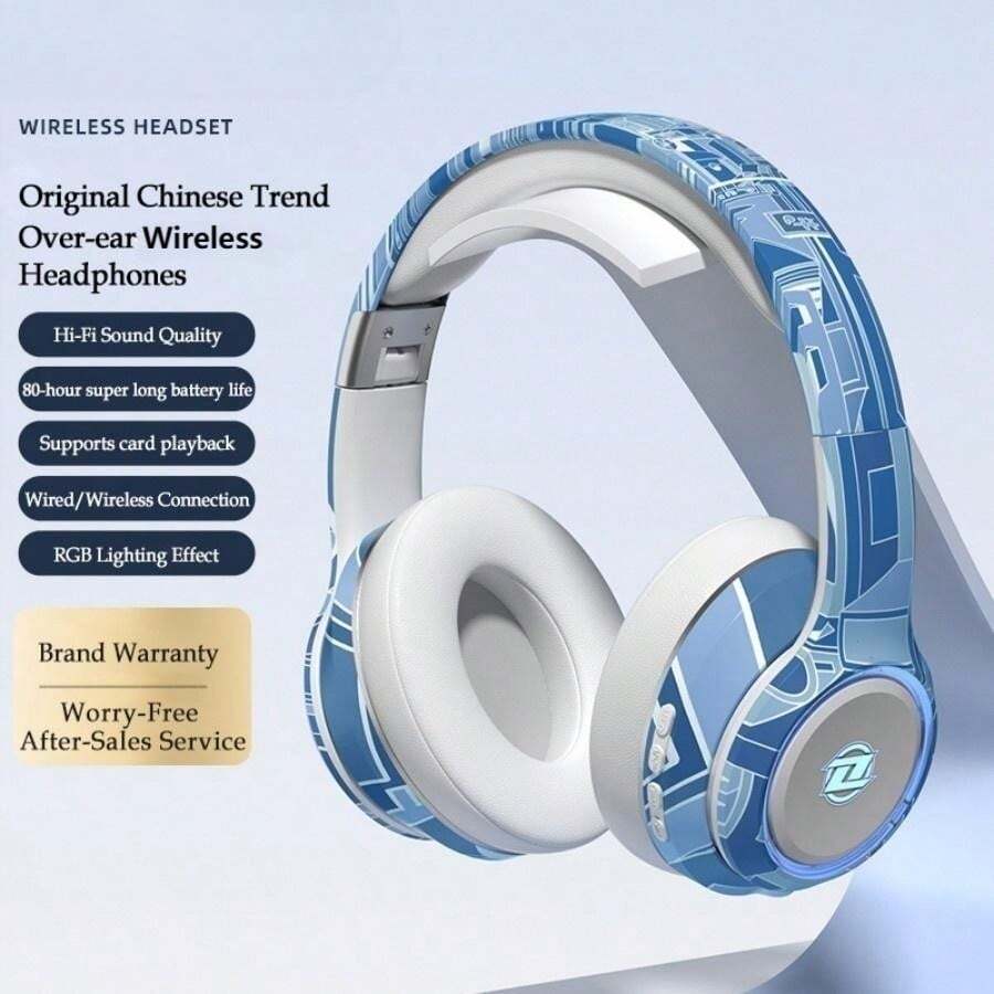 全新升级无线耳机，智能降噪，立体环绕音效，超长续航，炫目灯光，酷炫潮流外观级别必备。适用于苹果 iPhone、iPad、笔记本电脑，适合家人、朋友、儿童、万圣节、秋季的礼物 - 藍色 - 查看 1