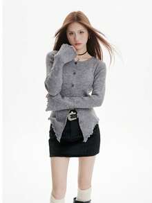 Asymmetrical Frill Trim Knit Cardigan Tops For Women, Flare Sleeve Fitted Soft & Cozy Sweater For Autumn/Winter - Grey - View 4