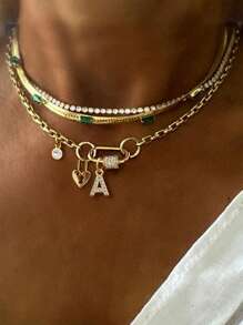 STYLEVER 1PC Gold Initial Letter Necklace, Luxury Gold Screw Clasp Chain,26 Letter A-Z Full Diamond Letter Pendant Necklace, Stainless Steel Chain ,For Women's Exquisite Holiday Party Gifts