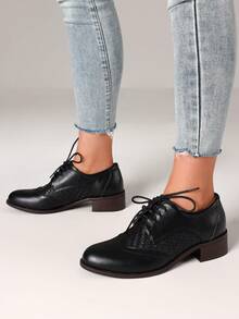 Women's Pointed Toe Lace-Up Brogue Pumps Fashion Mixed Colors Patchwork Block Chunky Heel British Style Flat Oxford Shoes - Black B - 查看 3