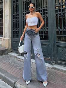 SQUALO Women's Wide Leg Color Blocked Washed Hem Retro Destroyed Washed Street Style Jeans - Grey - View 5