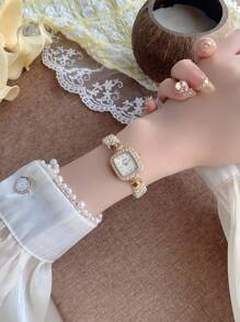 1 pieza Reloj de mujer cuadrado con perla/Reloj minimalista dorado con esfera pequeña para uso diario y regalo/Boda/Fiesta