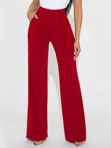 女士纯色纽扣系带直腿办公室工作裤，优雅 - 紅色 - 查看 2