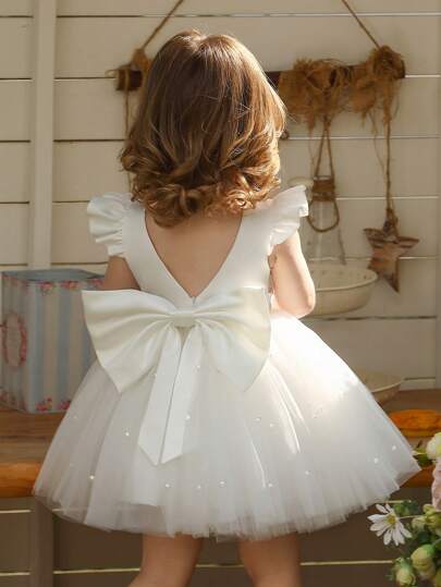 Baby Girl Cap Sleeve Bow Tulle Party Dress, Elegant Princess Dress For Girls, Suitable For 1st Birthday Gift, Banquet, Evening Party, Important Occasions