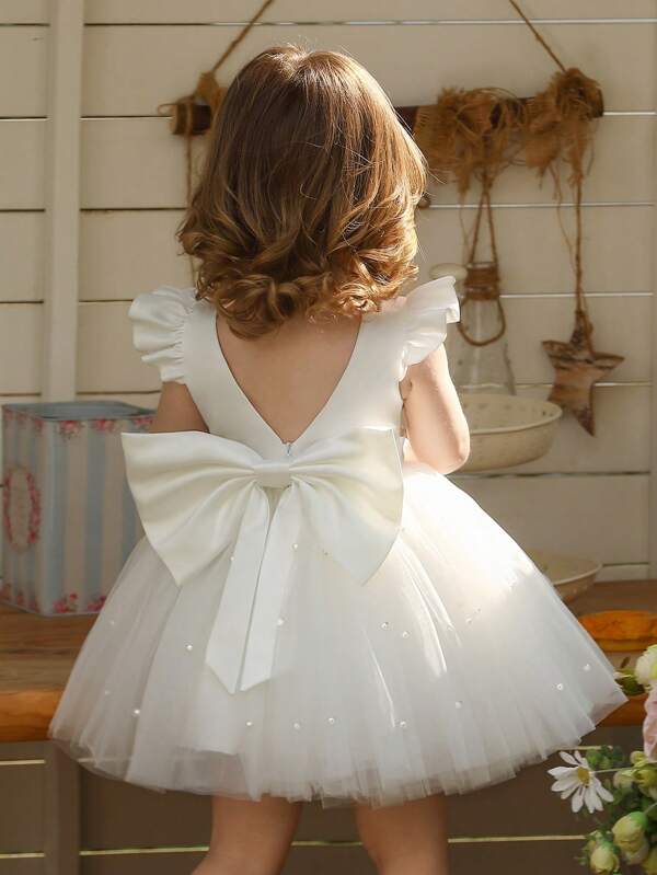 Vestido de fiesta de manga corta con lazo y tul para niña, vestido de princesa elegante para niñas, adecuado para regalo de 1er cumpleaños, banquete, fiesta de noche y ocasiones importantes