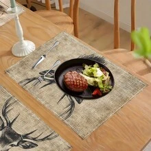 1pc/4pcs/6pcs Deer Head Printed Linen Placemats, Suitable For Dining Table, All Season Decor, Modern Washable Table Mats, Room Decor, Coasters, Kitchen Dining Mats, Indoor Outdoor Party Decoration, Home Decor, Ideal Gift - Multicolor - View 7