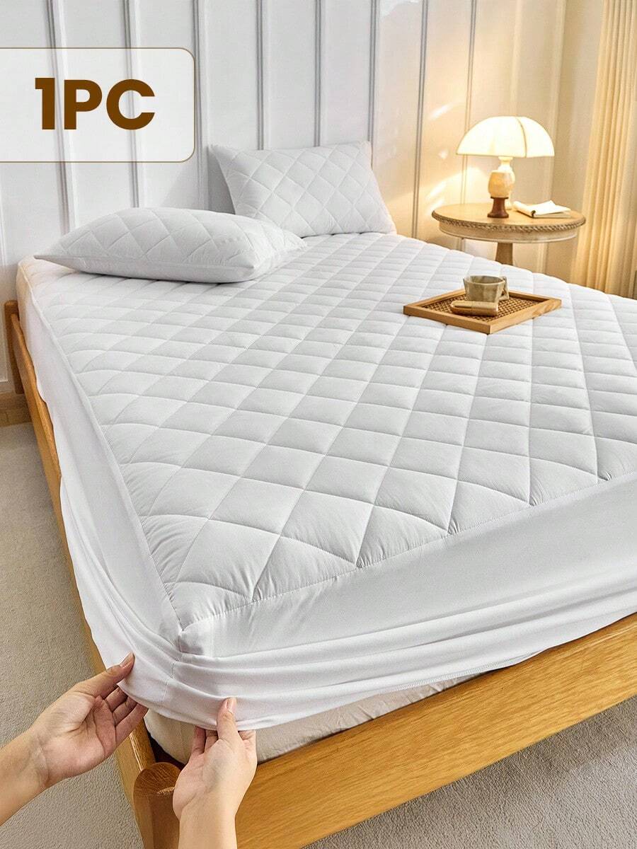 1pc Waterproof Fitted Sheet, Bedding, Stitch Fitted Sheet, Skin-Friendly Fitted Bed Sheet, Mattress Cover, Soft And Comfortable Bedding For Bedroom, 16 Inch Deep Pocket Cooling Breathable Quilted Fitted Sheet For Twin, Fits Twin/Full/King/Queen Size Bed, Festival Gifts, Room Decor, Soft Cover For Mattress Protector And Mattress Topper, Dustproof, Machine Washable, For All Season - 白色 - 查看 1
