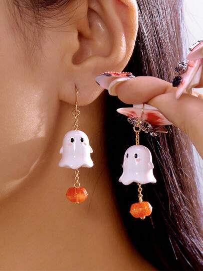 1 Coppia di orecchini pendenti in metallo con zucca e fantasma personalizzati, alla moda ed eleganti, gioielli da donna, adatti per feste di Ognissanti, regali per amici