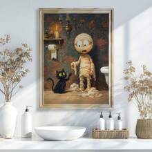 1PC Halloween Cat And Mummy Print, Funny Bathroom Decoration, Scary Halloween Decoration, Cat Lover Halloween Gift, Cat Litter Box Humor, Canvas Wall Art, Posters For Room, Home Decoration, Room Decoration Aesthetic, Room Decoration Stuff. Optional Frame