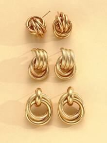 18pcs Fashionable, Minimalist, Elegant, Delicate, Retro Design Layered Pearl Knot, Ribbon, Geometric Criss-Cross, Shimmering C-Shaped Hoop, Chunky Wide Face Stud Earrings Set, Suitable For Holiday, Party, Date, Gift, Daily Wear - Yellow Gold - View 8