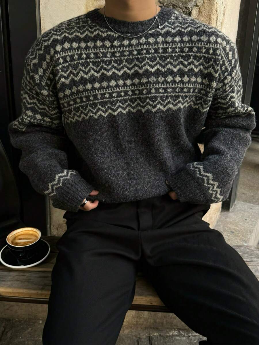 男士宽松北欧风几何图案圆领套头毛衣，男女通用款，秋冬季长袖针织衫 - 灰色 - 查看 1