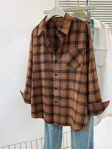 女式拉绒格子前扣口袋休闲衬衫