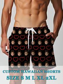 Pantaloncini personalizzati con motivo a cuore rosso, pantaloncini personalizzati con foto, pantaloncini personalizzati con volto, pantaloncini personalizzati, pantaloncini hawaiani, regali di compleanno, regali per le vacanze, regali di San Valentino, pigiama festa