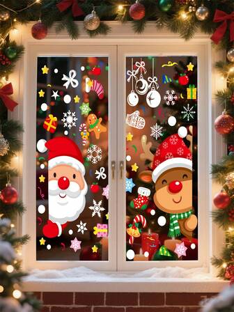 6pcs Christmas Snowflake Window Clings, Glass Christmas Stickers, Indoor Holiday Snowflake Santa Claus Reindeer Party Decals