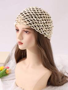 1pc Women's Fashion Hollow Crochet Sequin Beanie, Suitable For Everyday Wear