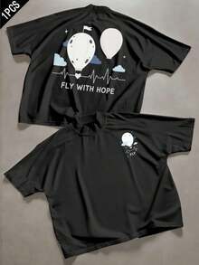 Maglietta oversize con palloncino, nuvole, battito cardiaco e scritta "Fly With Hope", da uomo, stampata fronte-retro, stile casual, girocollo, puro cotone 220 g/m² (1 pezzo)