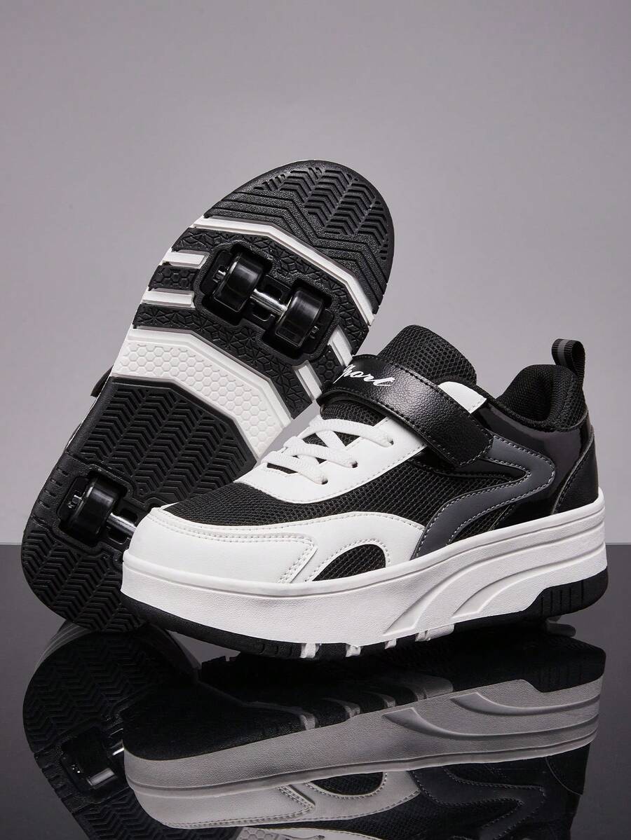 New Hook And Loop Closure Roller Skate Shoes For Teenagers, 4-Wheel Design For Enhanced Stability, Detachable Wheels, Breathable , Suitable For Casual Daily Use, Roller Skating & Ice Skating - Black and White - View 1