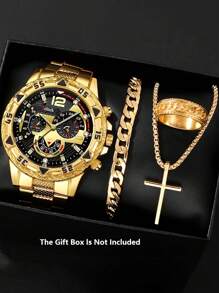 4pcs Luxury Gift Set For Men: Stainless Steel Quartz Watch, Cross Pendant Necklace, Bracelet And Ring, Perfect Business Casual Accessories, Ideal Gift For Him - Suitable For Leisure And Sports