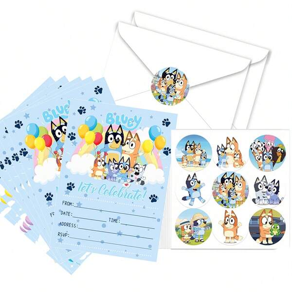 Bluey 10Pcs Invitation Letters 10Pcs Envelope 10Sheets (90Pcs) Stickers Set Blueys Family And Friends Anime Party Favor Supplies Decorative Dot Stickers Bluey Bingo Dog Cute Coco Rusty Muffin Waterproof Stickers For Cup Envelop Packaging Bag Decoration Birthday Party Gift Bag Self-Adhesive Sealing Sticker Friends Inviting Cards Kit