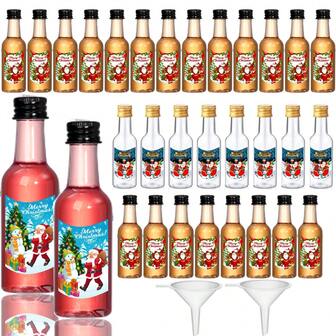 25 个迷你酒瓶 25ml/50ml 塑料空烈酒瓶适用于派对圣诞酒瓶带圣诞老人贴纸密封小酒瓶空塑料酒精酒瓶适用于圣诞派对装饰