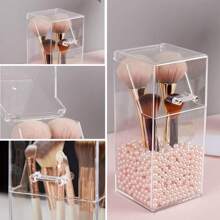 1 件带盖化妆刷架，防尘化妆刷收纳盒，简约塑料方形笔筒和化妆刷收纳桶，透明化妆品收纳，适用于卧室和家居必需品（无珍珠）