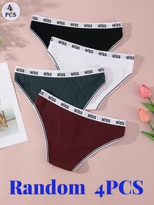 4 件经典三角裤，“MISS”和“Heart”，白色腰带，时尚设计，全天舒适穿着，无压力内衣