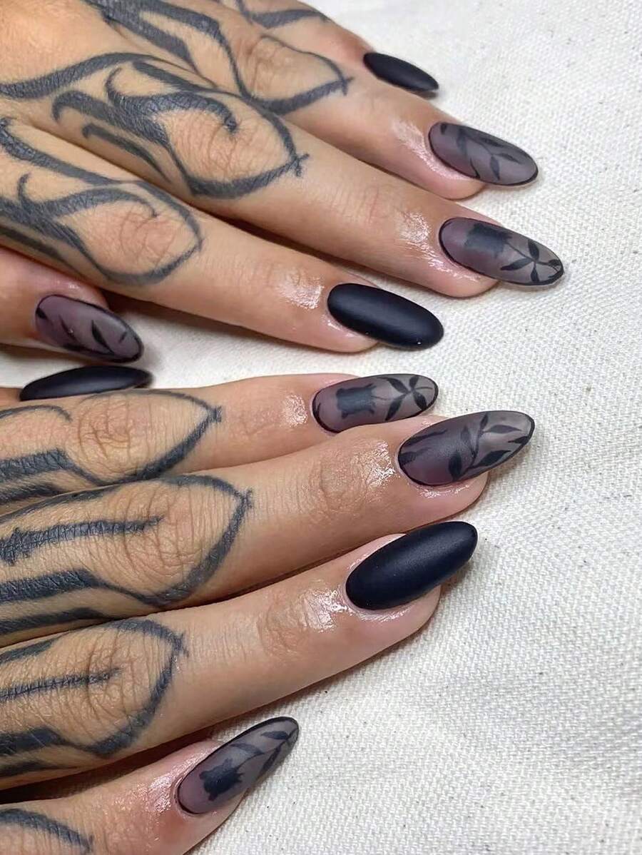 24pcs Almond Shape Acrylic Press On Nails Black,Ombre Color French Tip Roses And Leaves Matt Topcoat Design False Nails Nails Art,Nail Supplies Simple And Elegant Style Fake Nails,False Nails Daily Wear Gel Nail Kit