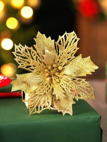 1件/10件/20件裝 一品紅亮面鏤空網格聖誕花夾飾，聖誕花環與聖誕樹花卉裝飾，適用新年聖誕派對、聖誕樹裝飾與節日派對裝飾（金色） - 金色 - 查看 9