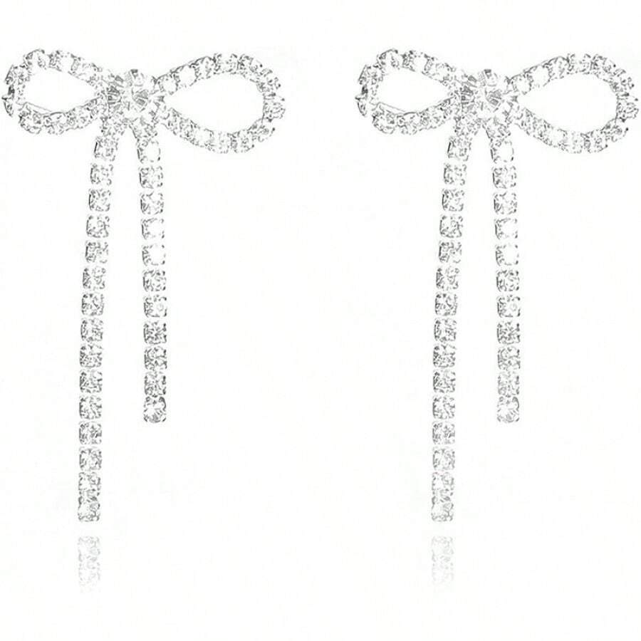 Bow Earrings For Women Sparkly Rhinestone Chain Tassel Earrings Cute Ribbon Stud Earring Daily Party Jewerly Gifts Christmas Stocking Stuffers - B6: anting pita perak - View 1