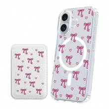[Magnetic Mobile Phone Case + PU Leather Magnetic Phone Card Holder]  For Sam Galaxy S22 S23 S24 FE Ultra S25 Edge Transparent Wireless Charging, Cherry, Bow, Heart, Dot And Floral Design Cellphone Protective Cover For IPhone 17 Air 16 15 14 13 12 11 Plus Pro X XS Max Compatible With MagSafe - 粉紅色蝴蝶結和圓點 - 查看 3