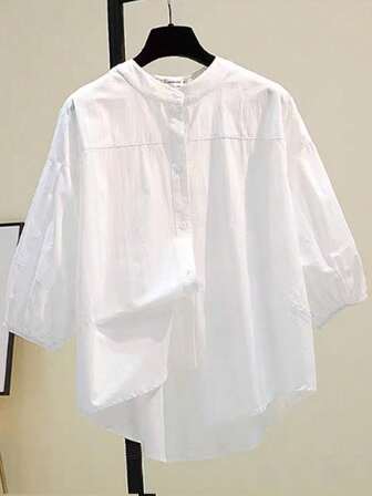 女士休闲纯色纽扣灯笼袖衬衫