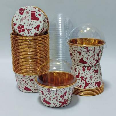 Cakegiugiu Christmas Patterned Cake Cup, 50pcs Disposable Cupcake Cups With Lids, Disposable Muffin Cups With Lids, Heat Resistant Glossy Cupcake Liners, Muffin Molds, Perfect For Christmas Day(Two Configurations With Or Without )