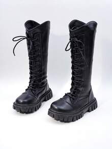 女童及膝靴，时尚系带厚底鞋，后拉链圆头，秋冬骑士靴新款 - 黑色 - 查看 2