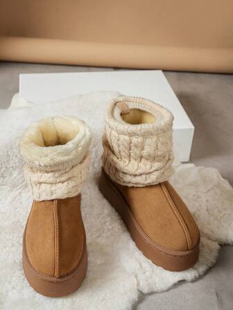 Höst/vinter söta varma, tjocka och bekväma stövlar, moderiktiga, mångsidiga plyschfoder, korta tubstövlar med personlig smal och halkfri stickning, snöstövlar med päls