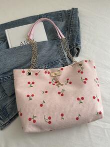 1pc Polyester Deer Pattern Decorative Large Capacity Zipper Shoulder Tote Bag, Suitable For Women's Daily Use - Pink - View 6