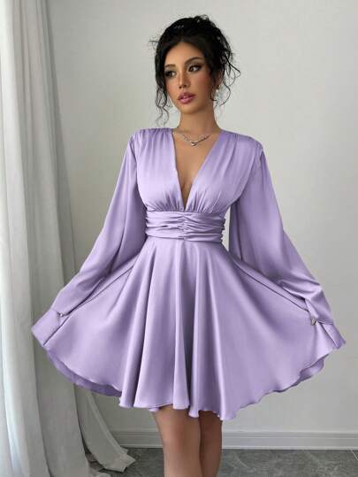 abyoxi Solid Color V-Neck Long Flare Sleeve Waist Ruched Ruffle Hem Satin Elegant Party Dress, Suitable For Wedding, Birthday Party, Back To School Season, Autumn/Winter Women