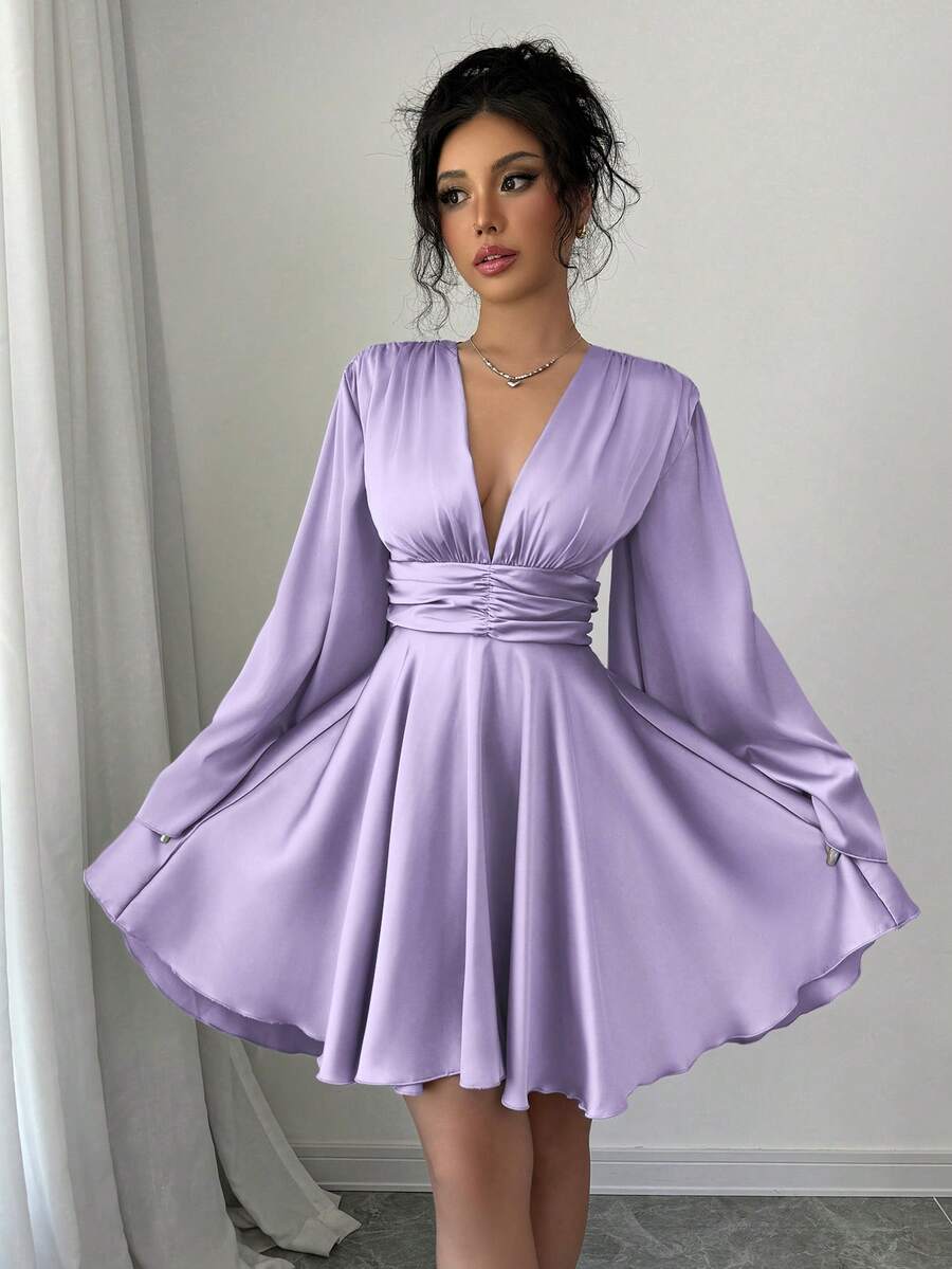 abyoxi Solid Color V-Neck Long Flare Sleeve Waist Ruched Ruffle Hem Satin Elegant Party Dress, Suitable For Wedding, Birthday Party, Back To School Season, Autumn/Winter Women Spring - Purple - View 1