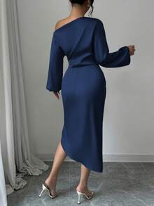 abyoxi 紫蓝色优雅不对称领口长袖腰部手工褶皱性感缎面连衣裙，适合约会、派对、简约、返校、秋冬女士服装