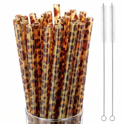 10/20/30/50/100 pezzi Cannucce in plastica riutilizzabili a motivo leopardato e 1/2 pezzi Spazzolino per la pulizia per bicchieri da donna, festa di compleanno in stile selvaggio