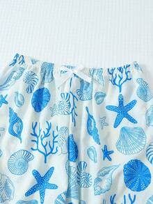 Set de pijamale 2 buc pentru femei cu imprimeu de scoici și stele de mare, top și pantaloni cu guler cu nasturi și mânecă lungă, pijamale casual pentru casă, costum de toamnă/iarnă, haine de toamnă